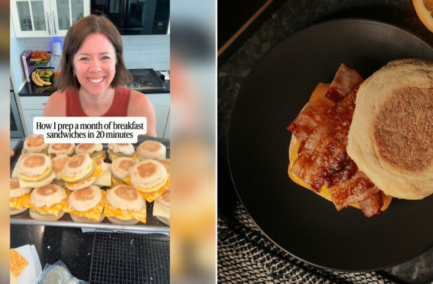 Left: cover still from an Instagram reel by @. Right: A bread-and-egg breakfast sandwich on a black plate (Unsplash photo by Wright Brand Bacon).