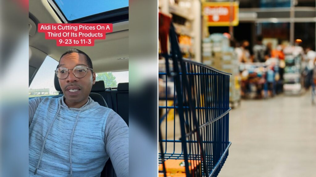 Left: cover still from a TikTok video by @olliebubs09. Right: A blue metal shopping cart in a blurred grocery store aisle (Unsplash photo by Eduardo Soares).