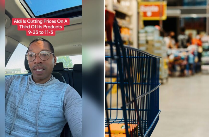 Left: cover still from a TikTok video by @olliebubs09. Right: A blue metal shopping cart in a blurred grocery store aisle (Unsplash photo by Eduardo Soares).