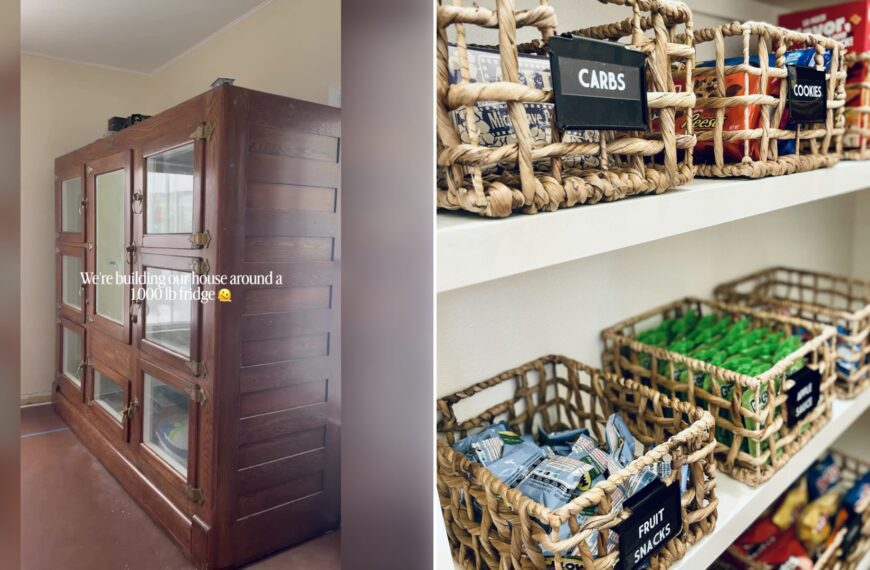 Left: cover still from a TikTok video by @boogesmom. Right: White pantry shelves holding woven baskets labeled by category and filled with snacks (Unsplash photo by Cabri Caldwell).