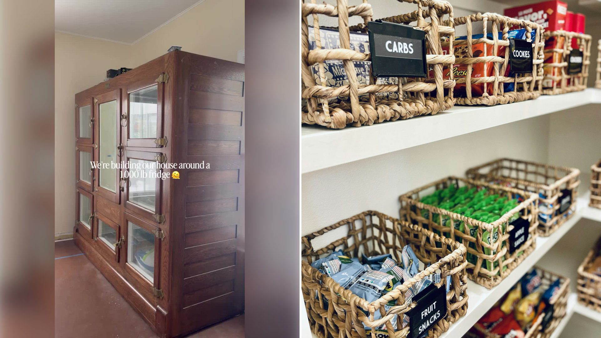 Left: cover still from a TikTok video by @boogesmom. Right: White pantry shelves holding woven baskets labeled by category and filled with snacks (Unsplash photo by Cabri Caldwell).