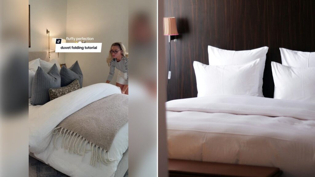 Left: cover still from a TikTok video by @toricolli. Right: A neatly made white bed with plump white pillows (Unsplash photo by Dave Photoz).