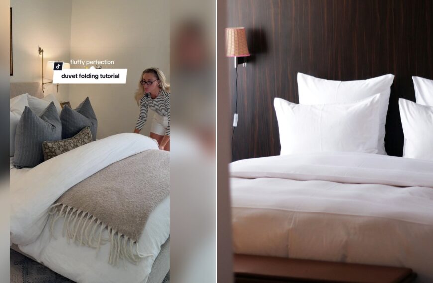 Left: cover still from a TikTok video by @toricolli. Right: A neatly made white bed with plump white pillows (Unsplash photo by Dave Photoz).