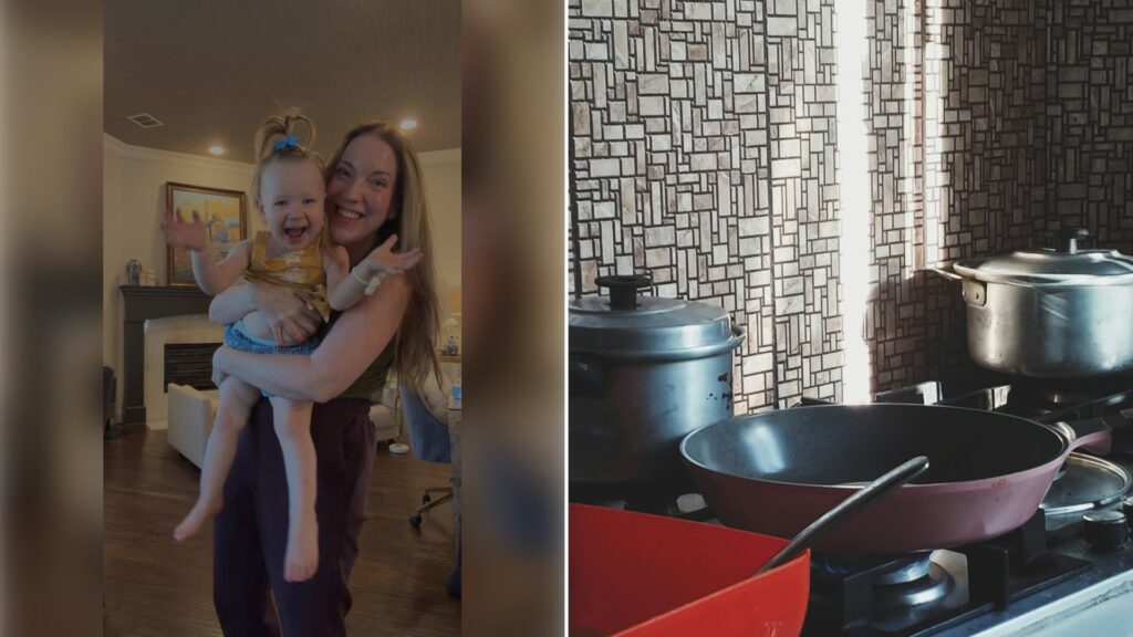 Left: cover still from a TikTok video by @amanda.hooper7. Right: Pots and pans sitting on a stovetop (Unsplash photo by Mazda Mehrad).