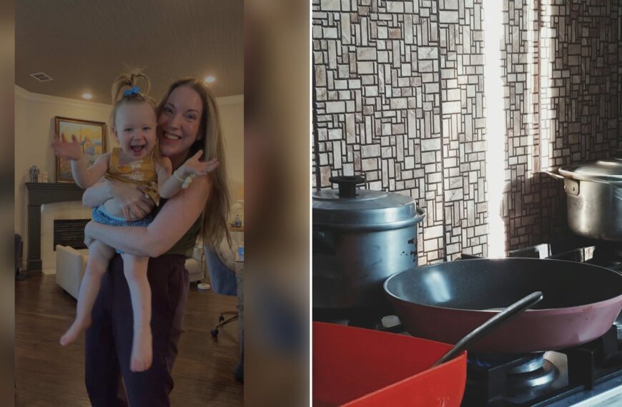 Left: cover still from a TikTok video by @amanda.hooper7. Right: Pots and pans sitting on a stovetop (Unsplash photo by Mazda Mehrad).