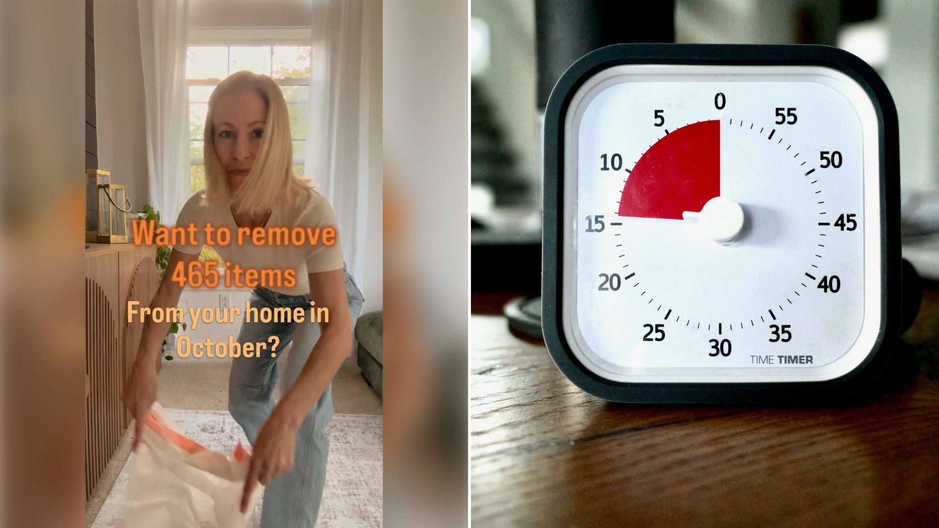 Left: cover still from an Instagram reel by @. Right: A black and white analog timer (Unsplash photo by Ralph Hutter).