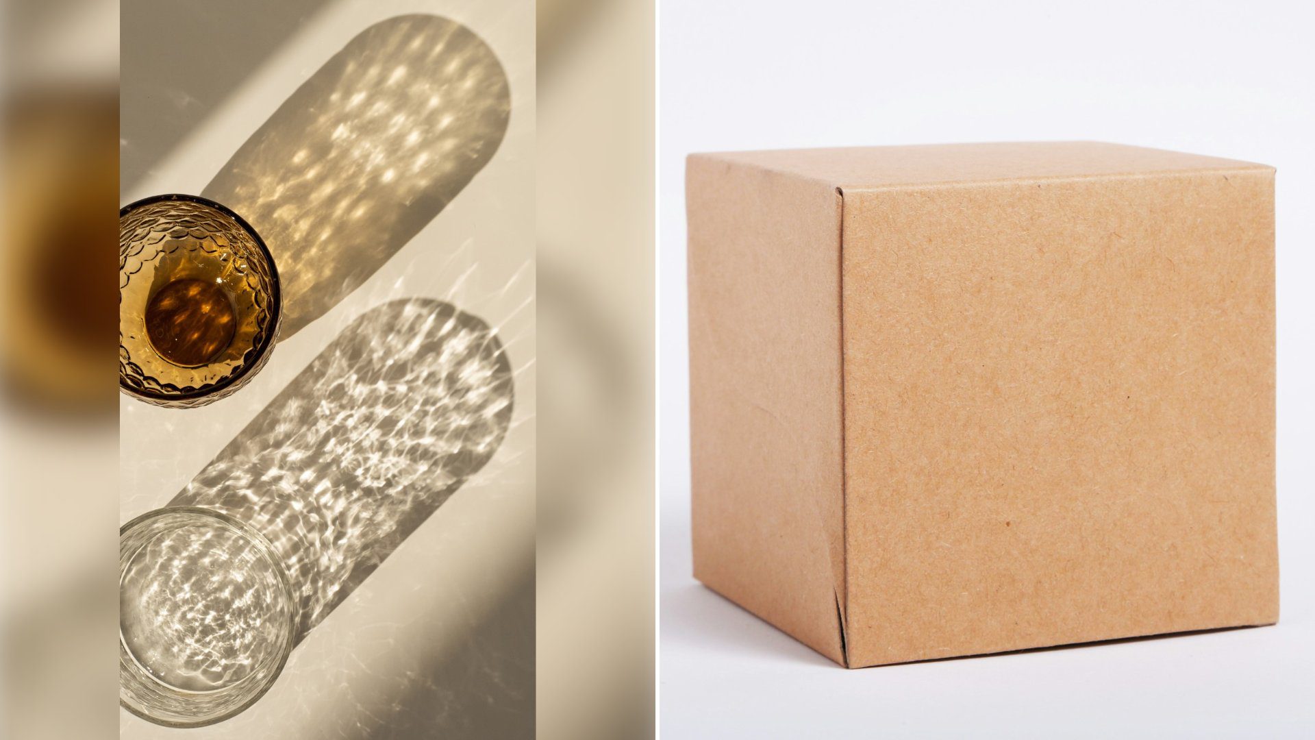 Left: cover still from an Instagram reel by @. Right: A brown cardboard box on a white background (Unsplash photo by Giorgio Trovato).