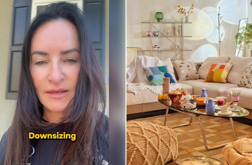 Left: cover still from a TikTok video by @@coachstephbritt. Right: A living room with a couch and coffee table (Unsplash photo by Sunguk Kim).