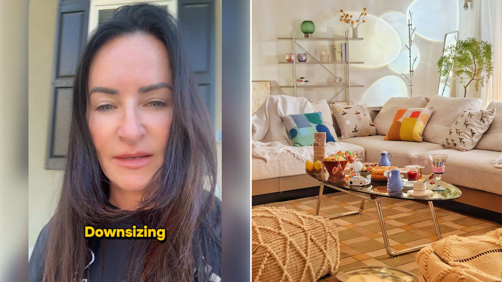 Left: cover still from a TikTok video by @@coachstephbritt. Right: A living room with a couch and coffee table (Unsplash photo by Sunguk Kim).