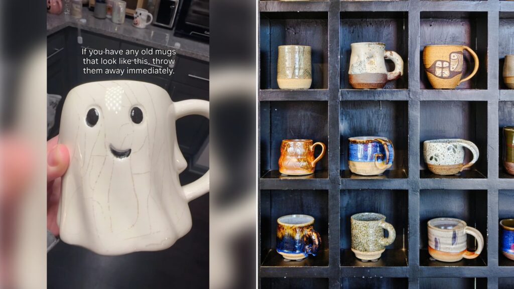 Left: cover still from an Instagram reel by @. Right: Assorted colored ceramic mugs on a wooden shelf (Unsplash photo by Eric Prouzet).