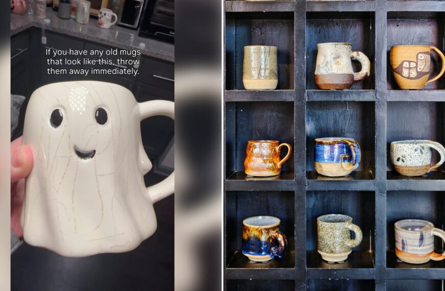 Left: cover still from an Instagram reel by @. Right: Assorted colored ceramic mugs on a wooden shelf (Unsplash photo by Eric Prouzet).