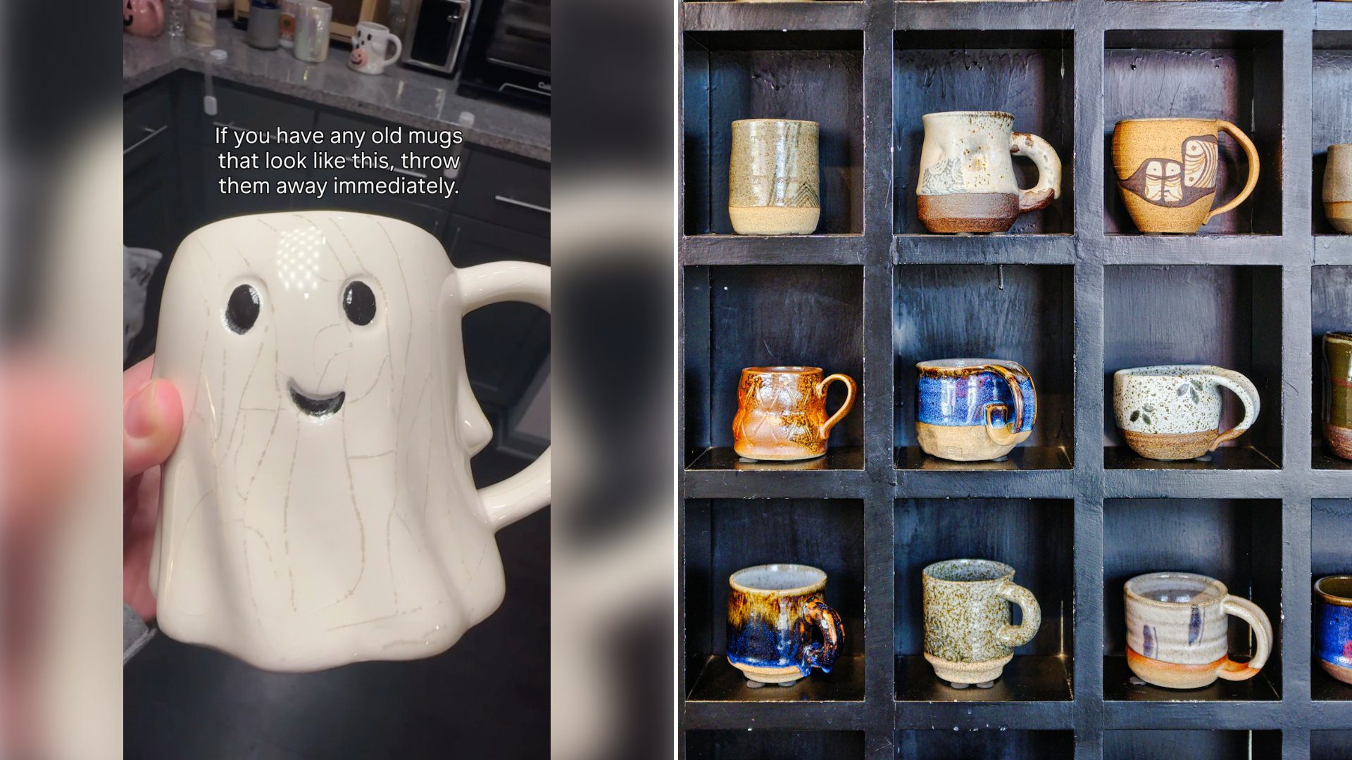 Left: cover still from an Instagram reel by @. Right: Assorted colored ceramic mugs on a wooden shelf (Unsplash photo by Eric Prouzet).