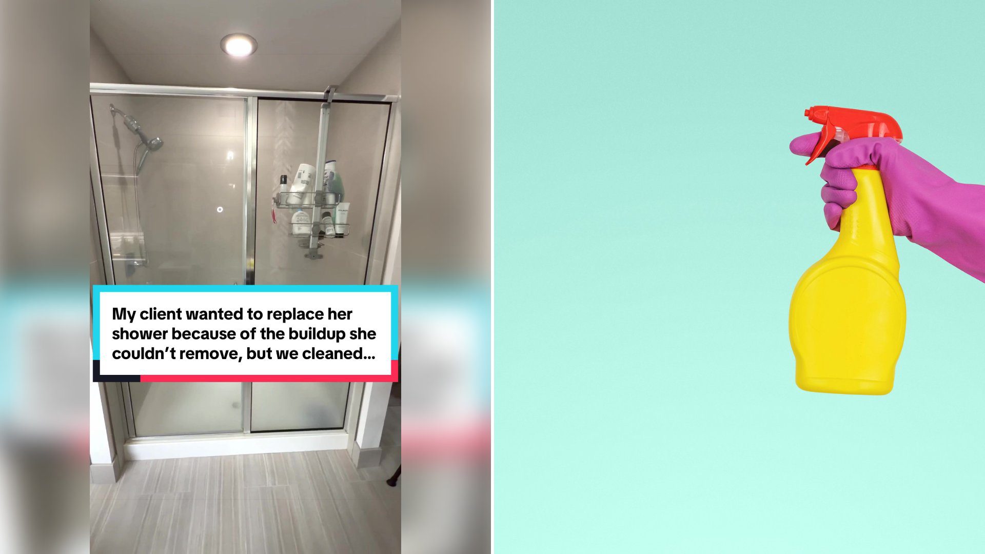Left: cover still from a TikTok video by @@edgecleaning. Right: A person holding a yellow plastic spray bottle (Unsplash photo by JESHOOTS.COM).