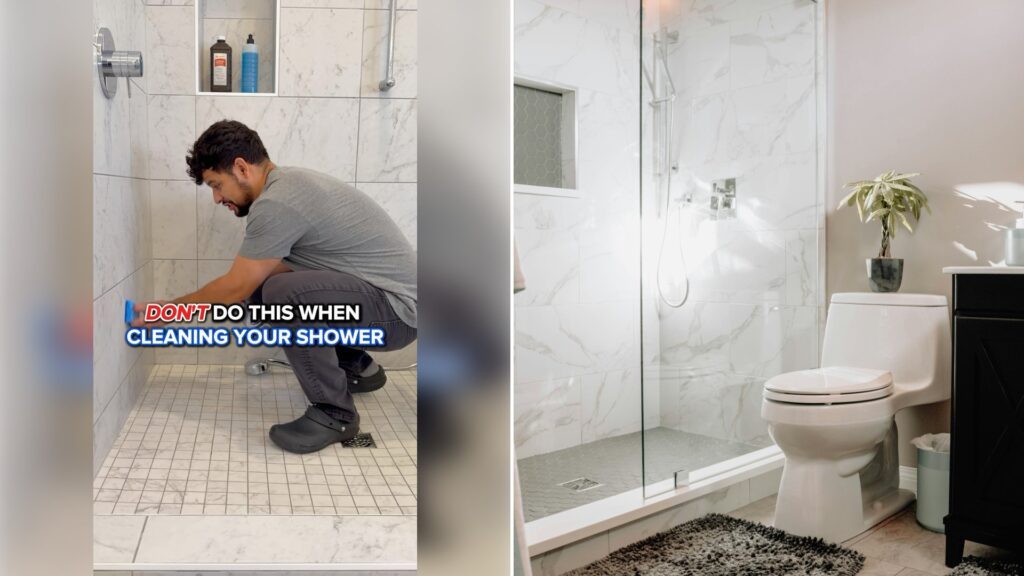 Left: cover still from an Instagram reel by @. Right: A bathroom with a glass shower, marble tiles and a small plant (Unsplash photo by 99.films).