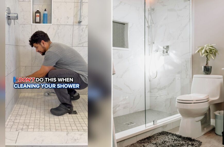 Left: cover still from an Instagram reel by @. Right: A bathroom with a glass shower, marble tiles and a small plant (Unsplash photo by 99.films).