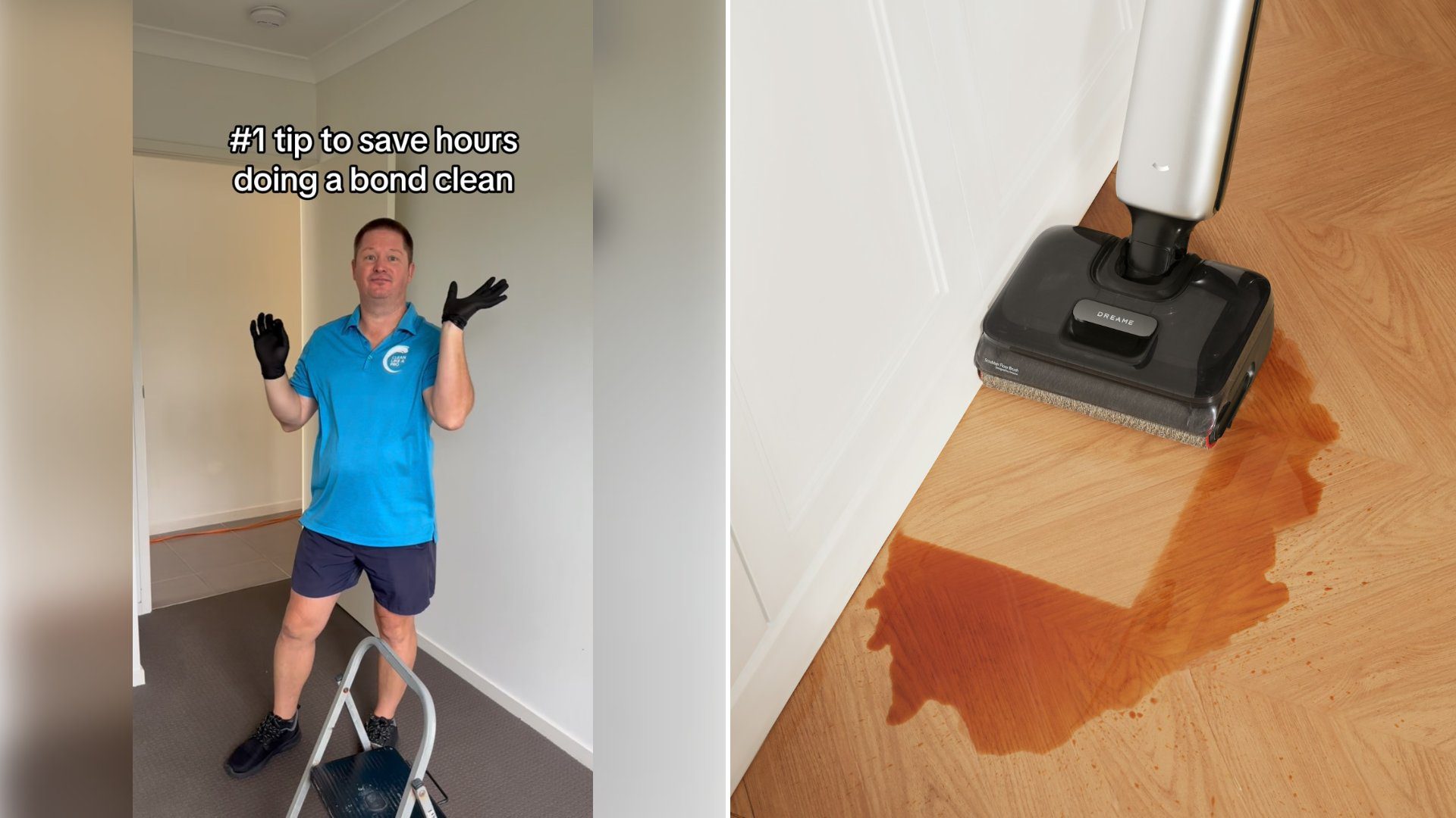 Left: cover still from an Instagram reel by @. Right: A vacuum cleaner cleaning a spill on a wooden floor (Unsplash photo by Dreame Vacuum Cleaner).