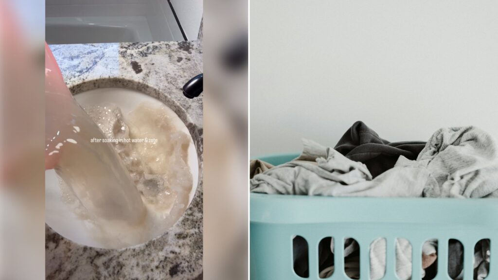 Left: cover still from an Instagram reel by @. Right: White clean laundry in a blue plastic laundry basket (Unsplash photo by Annie Spratt).