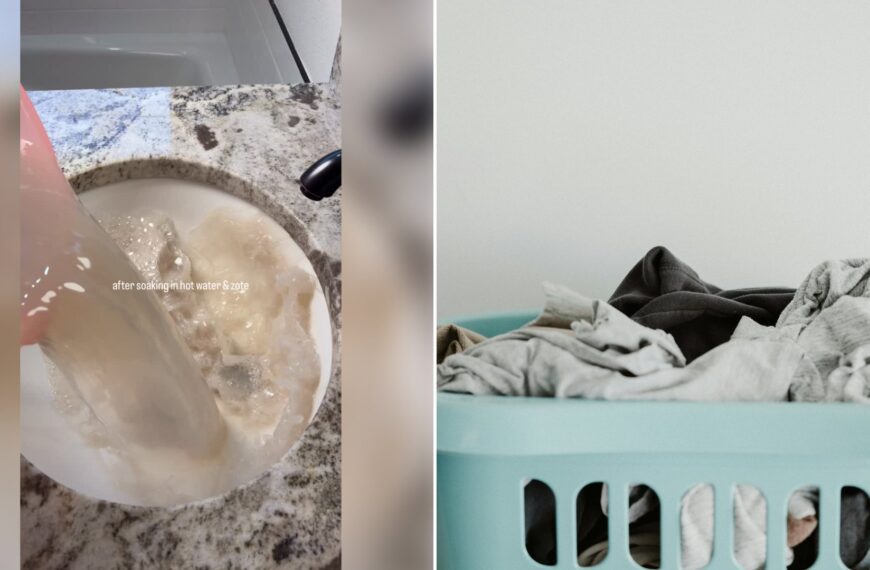 Left: cover still from an Instagram reel by @. Right: White clean laundry in a blue plastic laundry basket (Unsplash photo by Annie Spratt).