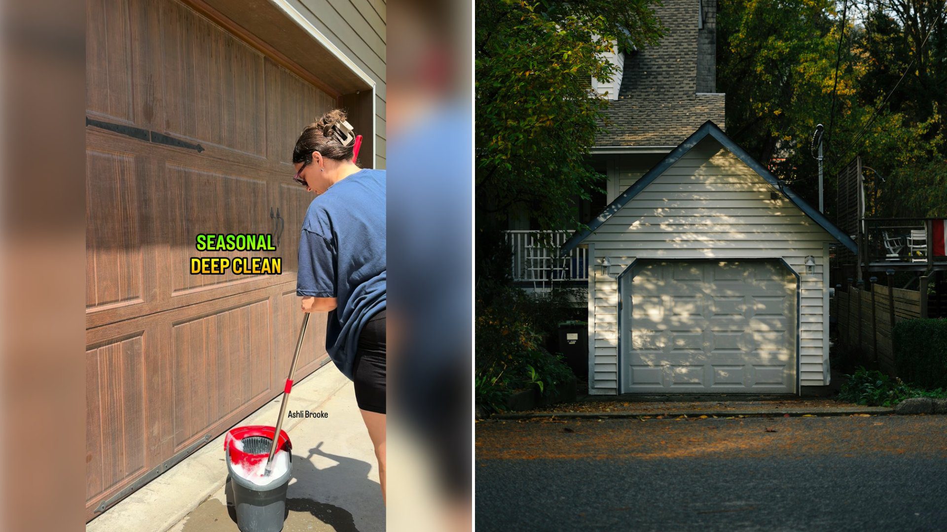 Left: cover still from an Instagram reel by @. Right: A detached garage with a driveway in front (Unsplash photo by Dmitry Spravko).