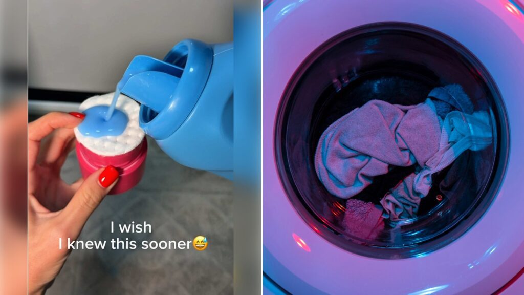 Left: cover still from a TikTok video by @@alenamomx2hacks. Right: A washing machine with pink and green plastic containers (Unsplash photo by engin akyurt).