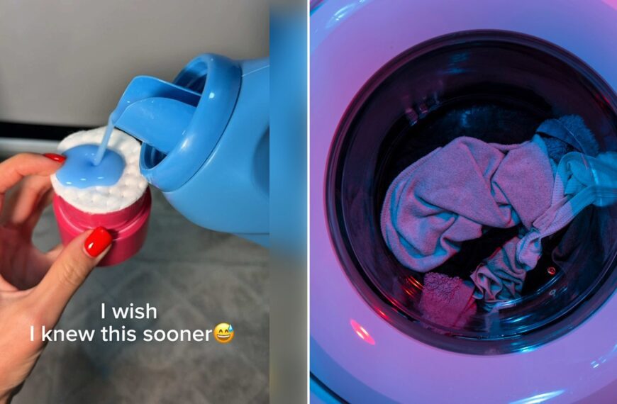 Left: cover still from a TikTok video by @@alenamomx2hacks. Right: A washing machine with pink and green plastic containers (Unsplash photo by engin akyurt).