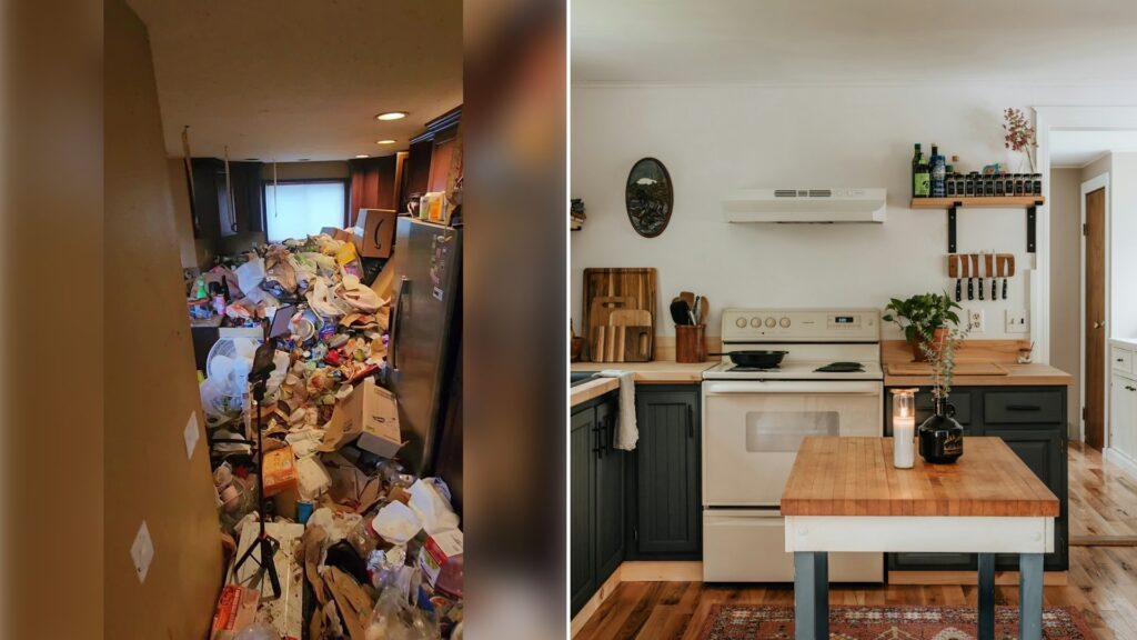 Left: cover still from a TikTok video by @@taefreecleans. Right: A cottage kitchen with plenty of counter space (Unsplash photo by Clay Banks).