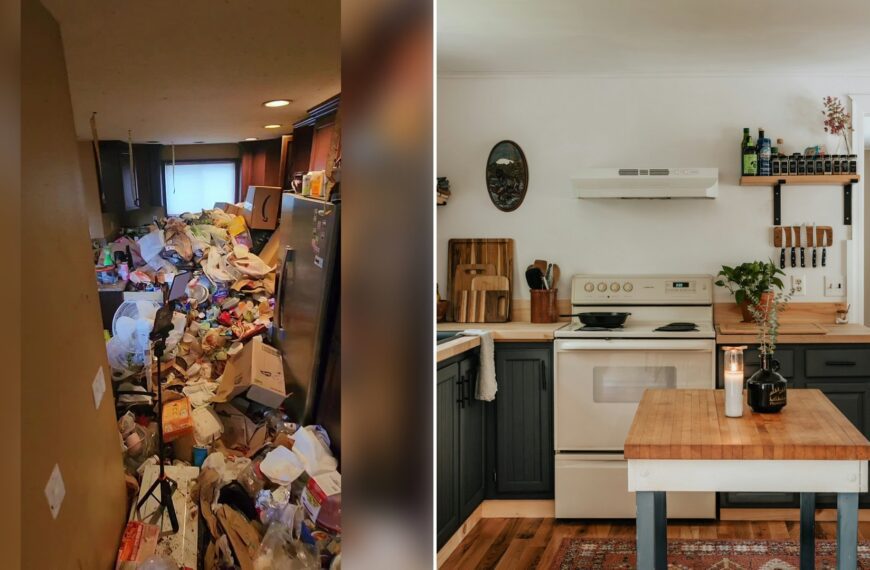Left: cover still from a TikTok video by @@taefreecleans. Right: A cottage kitchen with plenty of counter space (Unsplash photo by Clay Banks).