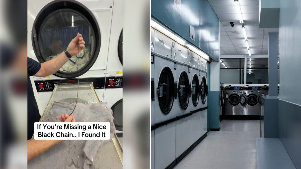 Left: cover still from a TikTok video by @@lintlovers. Right: A launderette with rows of white washing machines and dryers (Unsplash photo by Oli Woodman).