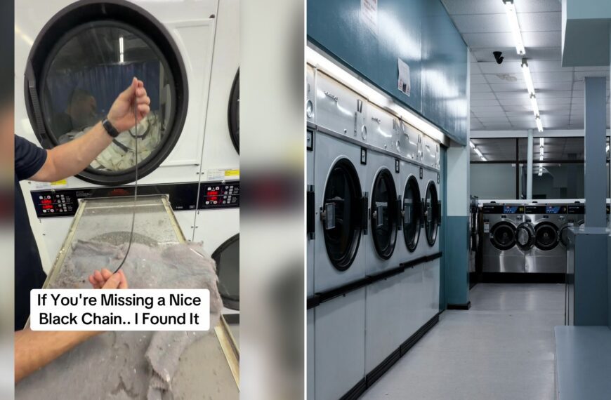 Left: cover still from a TikTok video by @@lintlovers. Right: A launderette with rows of white washing machines and dryers (Unsplash photo by Oli Woodman).