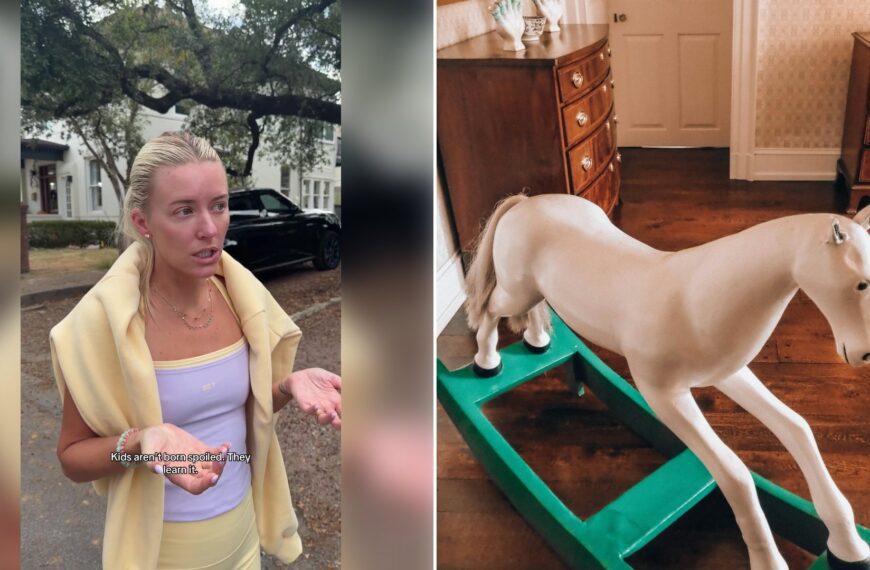 Left: cover still from a TikTok video by @@justalexfugman. Right: A white rocking horse on a green stand indoors (Unsplash photo by Magic Fan).