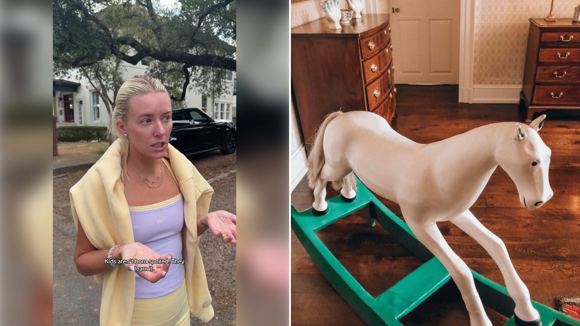 Left: cover still from a TikTok video by @@justalexfugman. Right: A white rocking horse on a green stand indoors (Unsplash photo by Magic Fan).