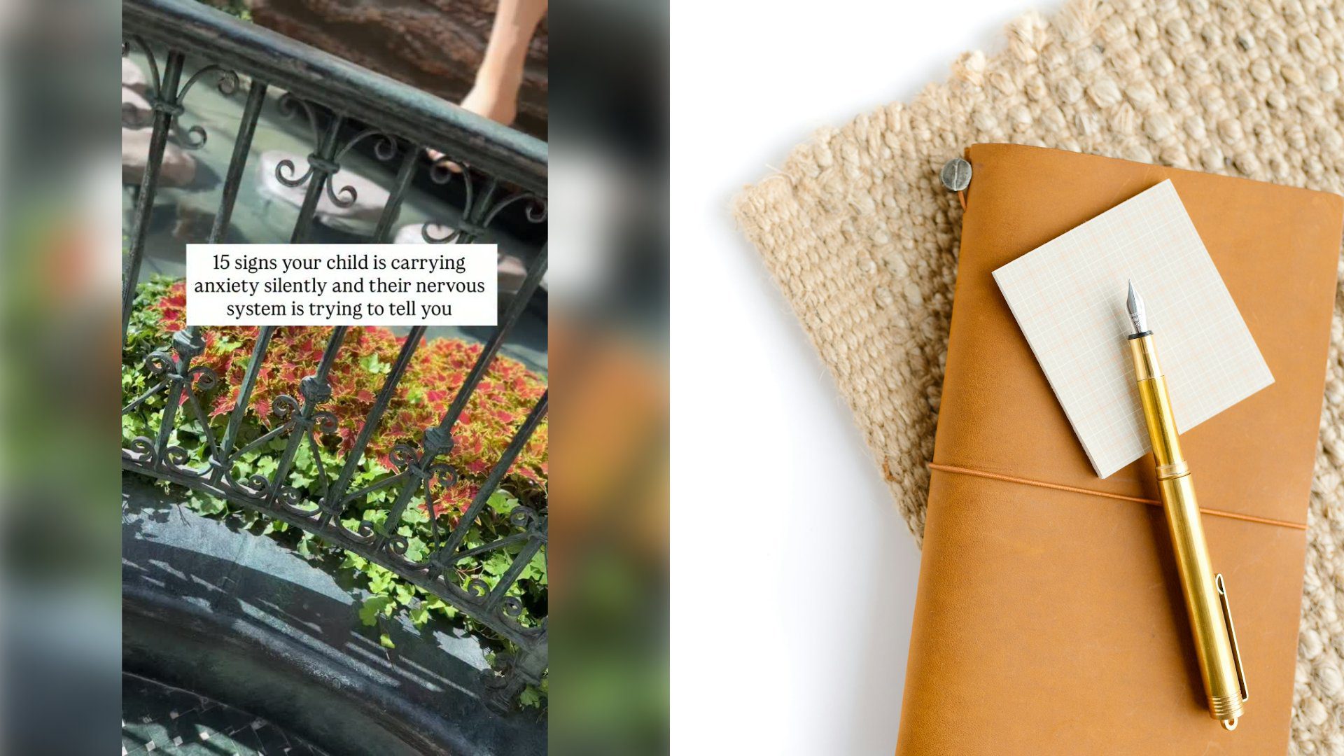 Left: cover still from an Instagram reel by @. Right: A gold and silver pen resting on a brown envelope (Unsplash photo by Hayley Maxwell).