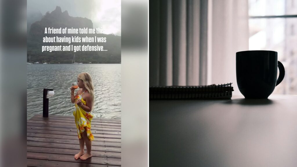 Left: cover still from an Instagram reel by @. Right: A blue ceramic mug on a white table (Unsplash photo by Albert Moreno).