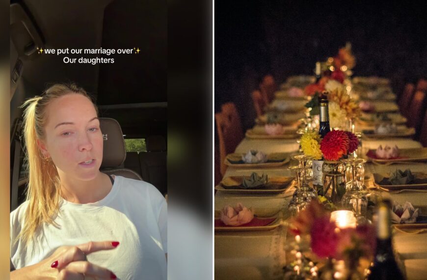 Left: cover still from a TikTok video by @@lottie..weaver. Right: A long dining table set for dinner with flowers and candles (Unsplash photo by M F).