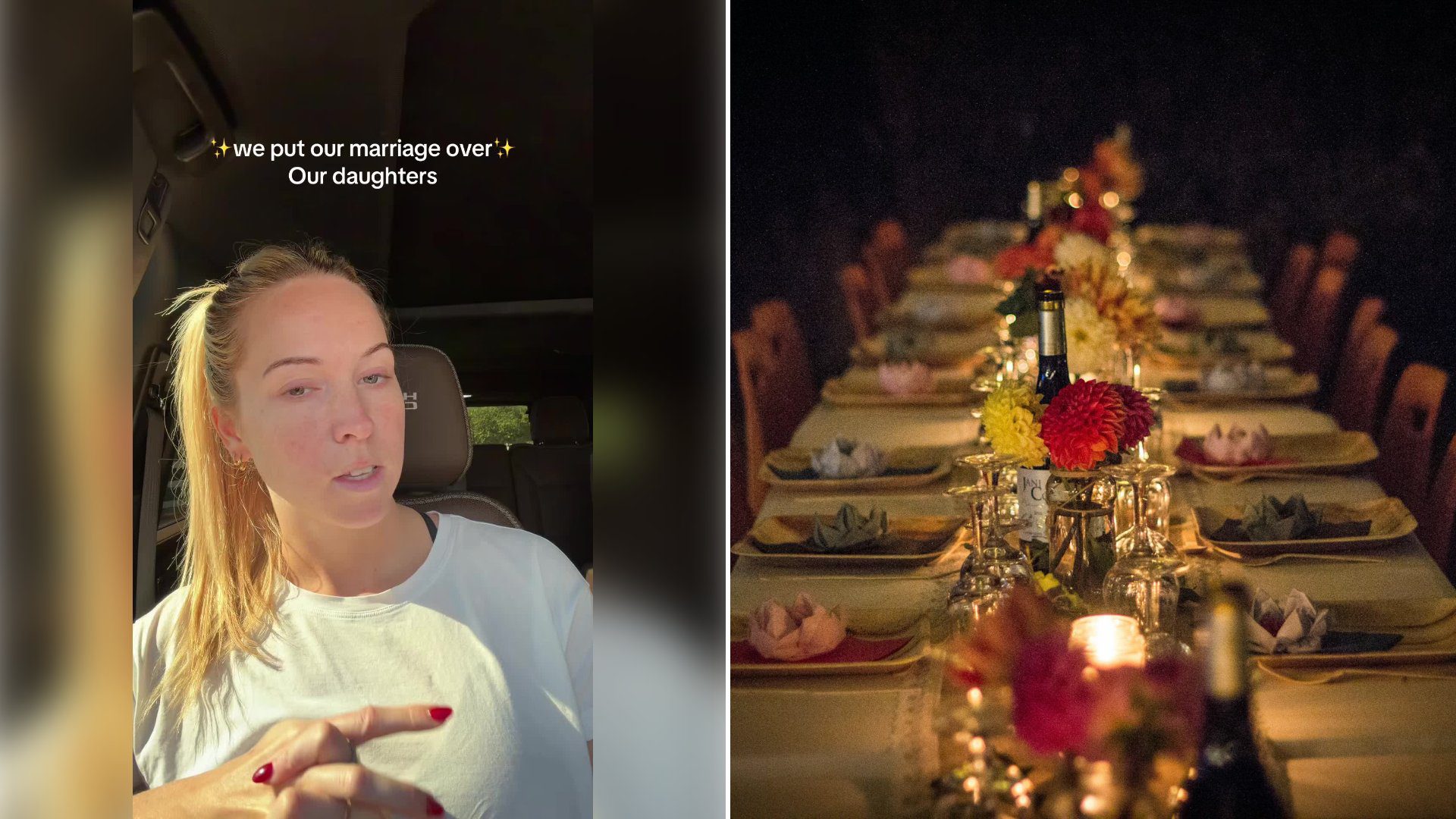 Left: cover still from a TikTok video by @@lottie..weaver. Right: A long dining table set for dinner with flowers and candles (Unsplash photo by M F).