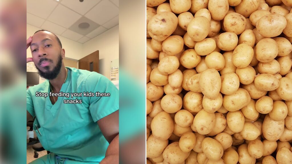 Left: cover still from a TikTok video by @@sgtmedicinebag. Right: A large pile of raw yellow potatoes (Unsplash photo by Rodrigo dos Reis).