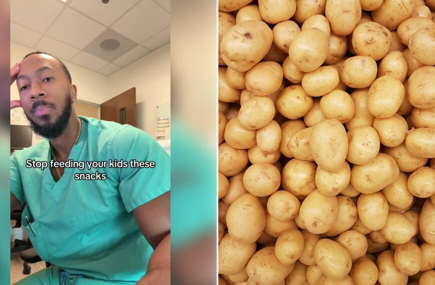 Left: cover still from a TikTok video by @@sgtmedicinebag. Right: A large pile of raw yellow potatoes (Unsplash photo by Rodrigo dos Reis).