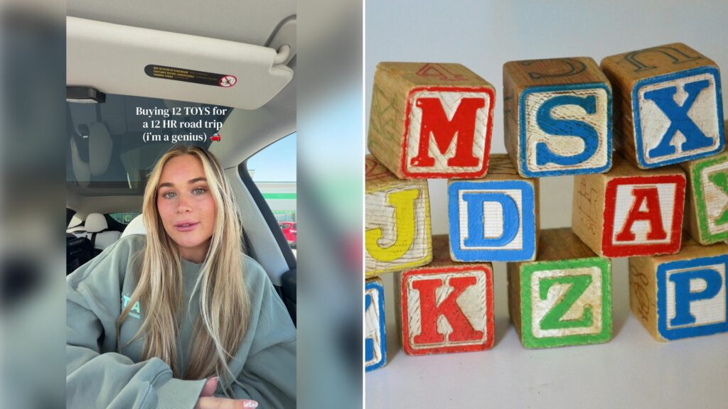 Left: cover still from a TikTok video by @@kylensuttner. Right: Wooden letter block toys (Unsplash photo by Susan Holt Simpson).