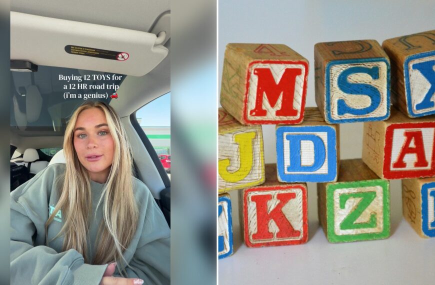 Left: cover still from a TikTok video by @@kylensuttner. Right: Wooden letter block toys (Unsplash photo by Susan Holt Simpson).