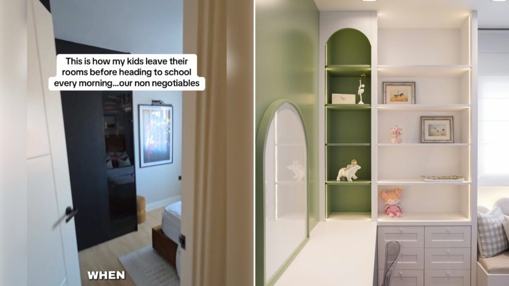 Left: cover still from a TikTok video by @@athomewithdidi. Right: Built-in shelves with decorative and storage items (Unsplash photo by Caroline Badran).