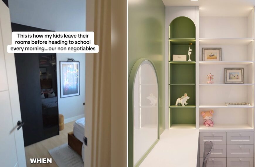Left: cover still from a TikTok video by @@athomewithdidi. Right: Built-in shelves with decorative and storage items (Unsplash photo by Caroline Badran).