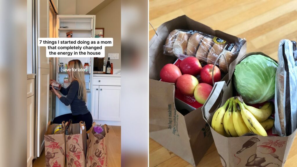 Left: cover still from an Instagram reel by @. Right: Paper bags of groceries with apples, bananas and bread (Unsplash photo by Maria Lin Kim).
