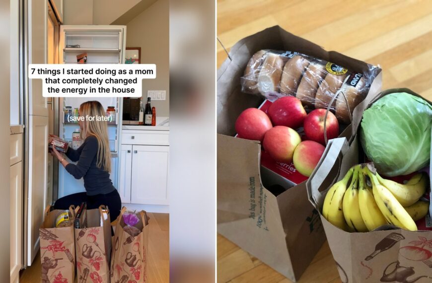 Left: cover still from an Instagram reel by @. Right: Paper bags of groceries with apples, bananas and bread (Unsplash photo by Maria Lin Kim).