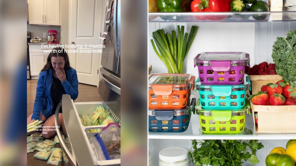 Left: cover still from a TikTok video by @@sageantha. Right: Colorful plastic food containers stacked inside a refrigerator with fresh produce (Unsplash photo by Ello).