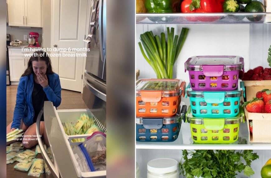 Left: cover still from a TikTok video by @@sageantha. Right: Colorful plastic food containers stacked inside a refrigerator with fresh produce (Unsplash photo by Ello).