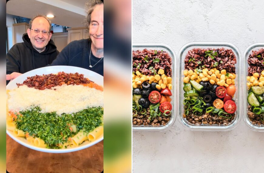 Left: cover still from an Instagram reel by @. Right: Three glass meal prep containers filled with rice, corn, olives, tomatoes, cucumbers and lentils (Unsplash photo by Ella Olsson).
