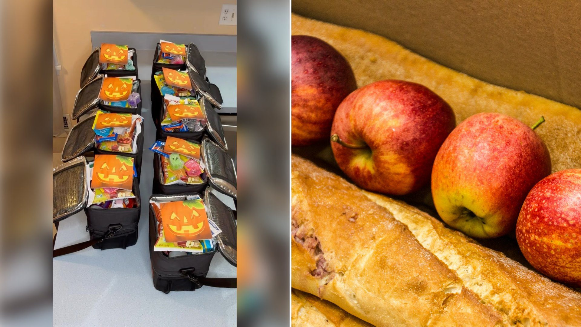 Left: cover still from an Instagram reel by @. Right: A loaf of bread with apples on top of it (Unsplash photo by Julia Taubitz).