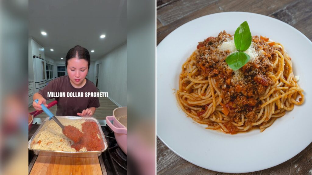 Left: cover still from a TikTok video by @@ayomadelyn. Right: Spaghetti on a white ceramic plate (Unsplash photo by Homescreenify).