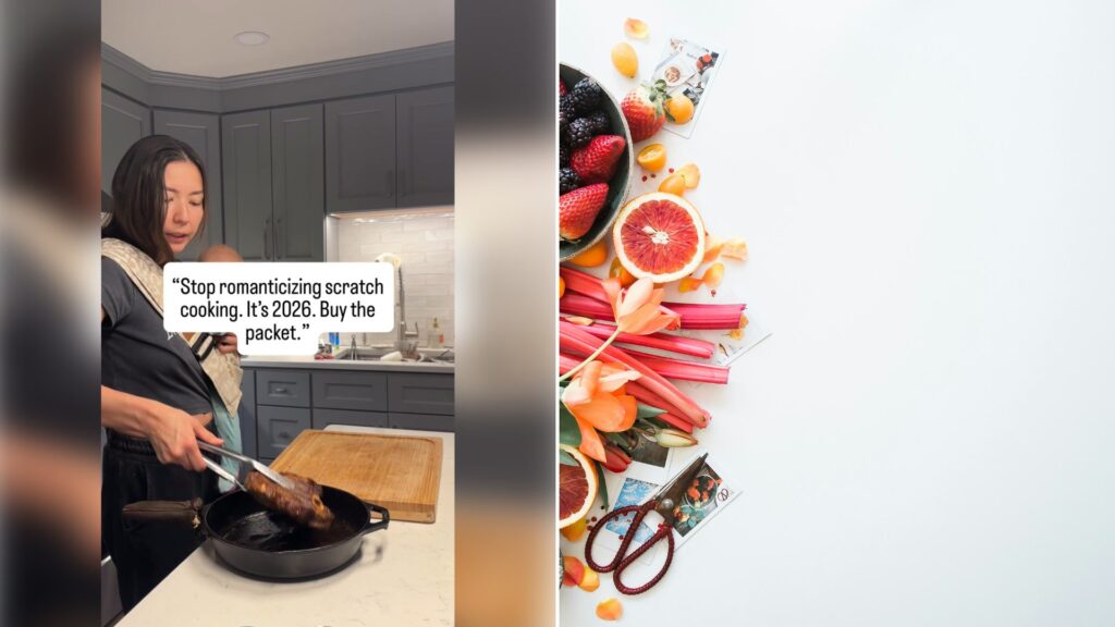 Left: cover still from an Instagram reel by @. Right: A spread of sliced fresh fruits (Unsplash photo by Brooke Lark).