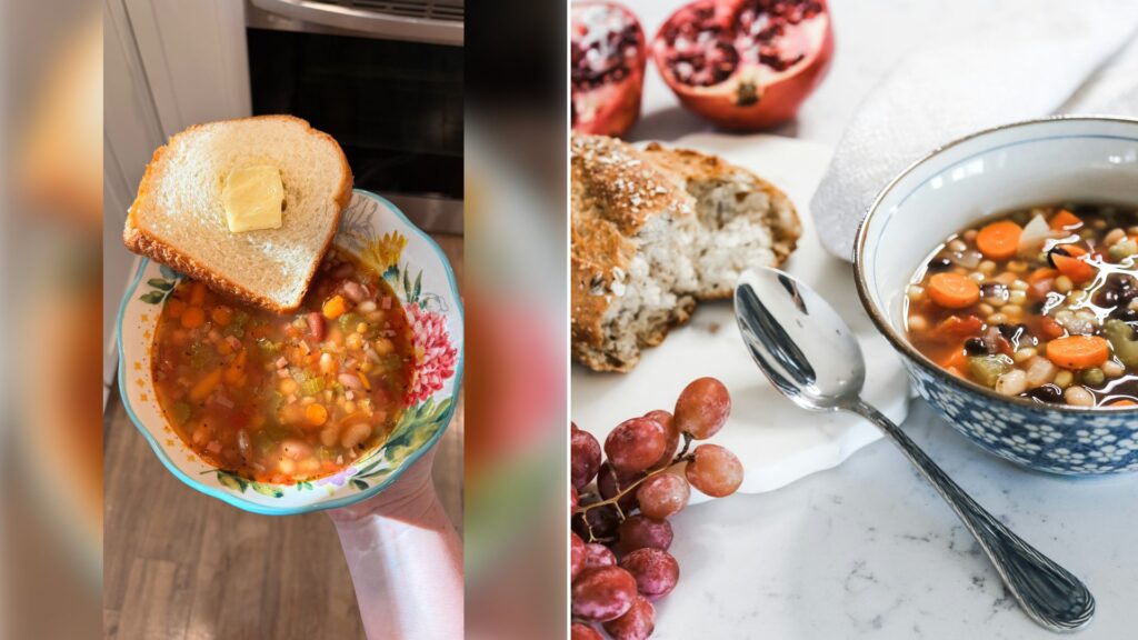 Left: cover still from an Instagram reel by @. Right: A plate with hearty soup, a loaf of bread, grapes and pomegranate (Unsplash photo by Carolyn Delacorte).